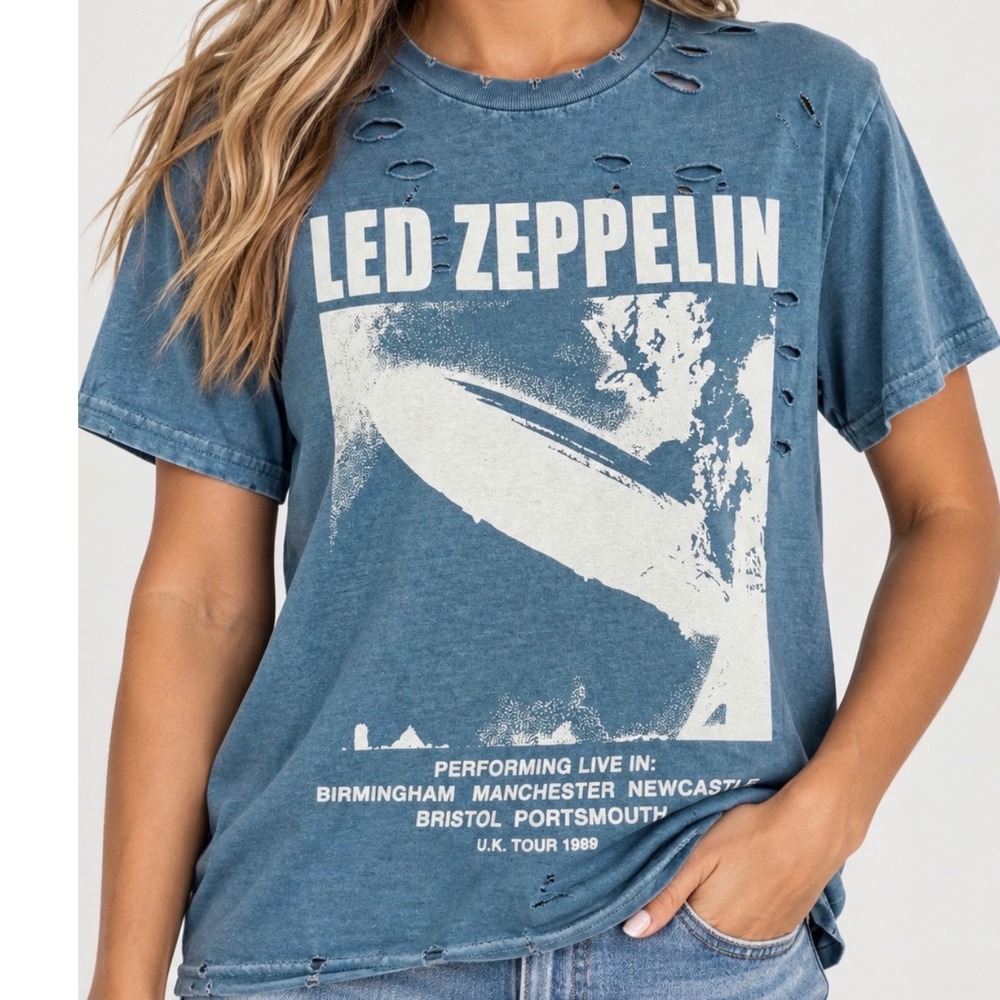 Led Zeppelin UK Tour 1969 Distressed Graphic Band Tee Blue S/M
